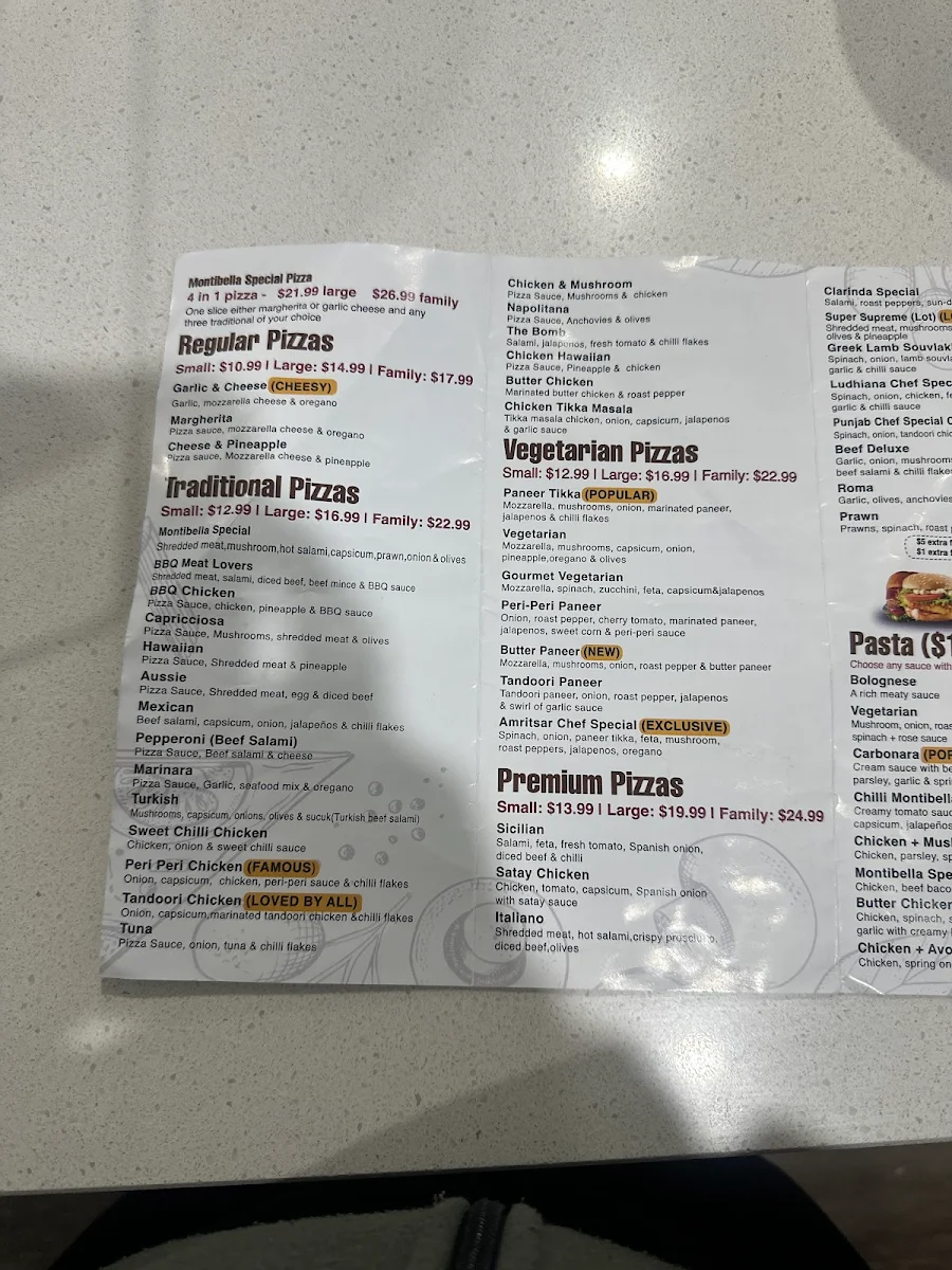 Menu, Montibella Pizza