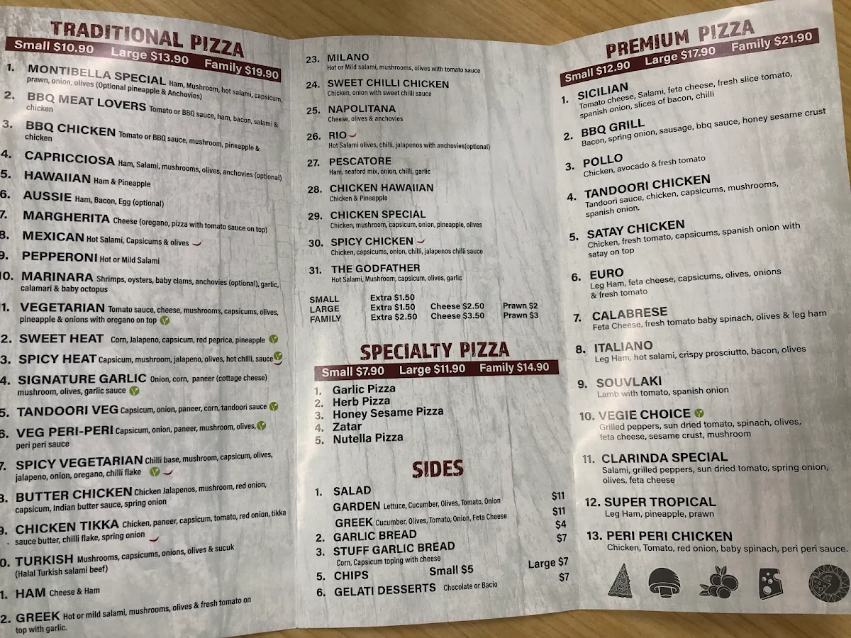 Menu, Montibella Pizza