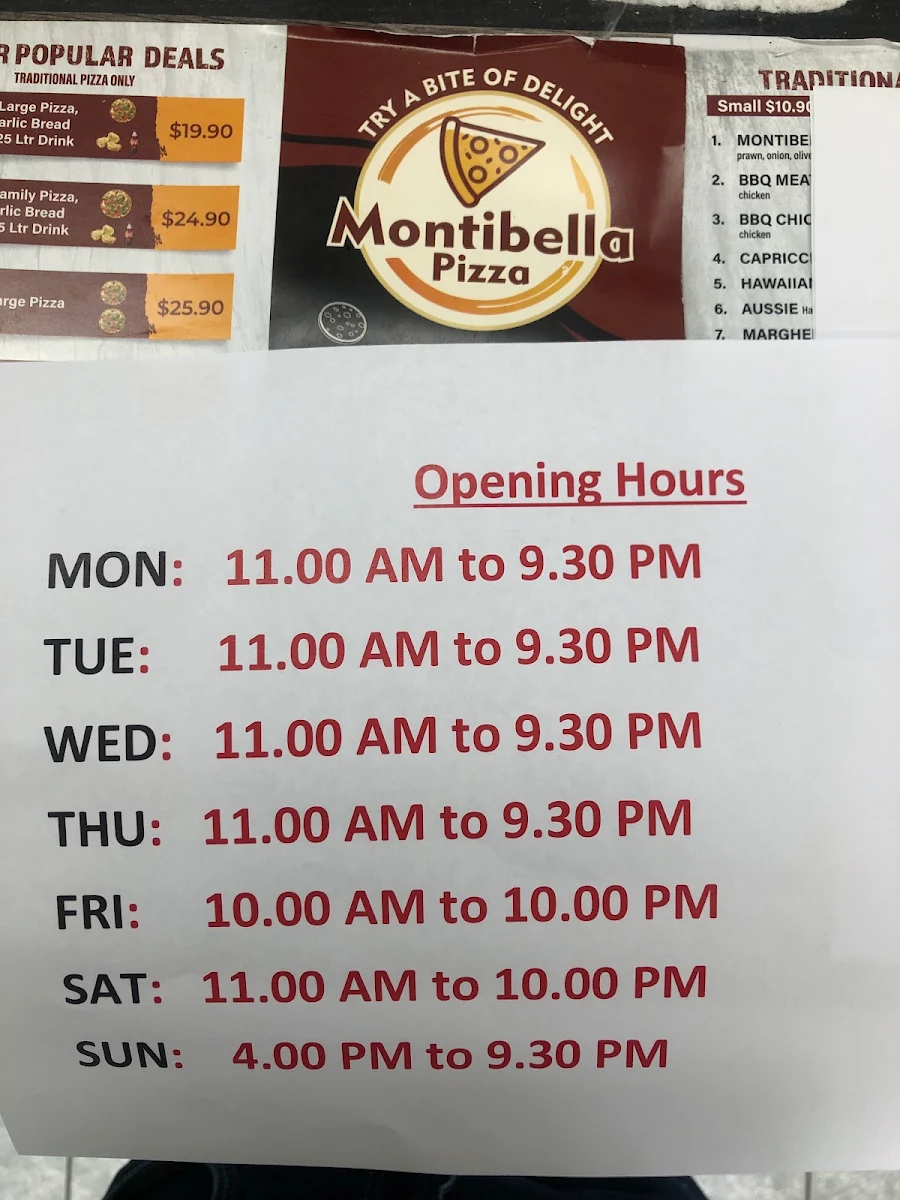 Menu, Montibella Pizza