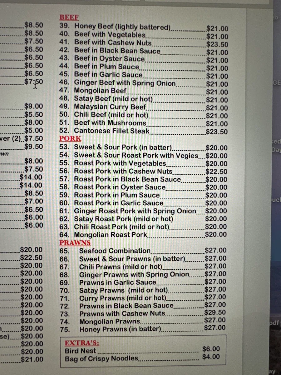 Menu, Great China Inn