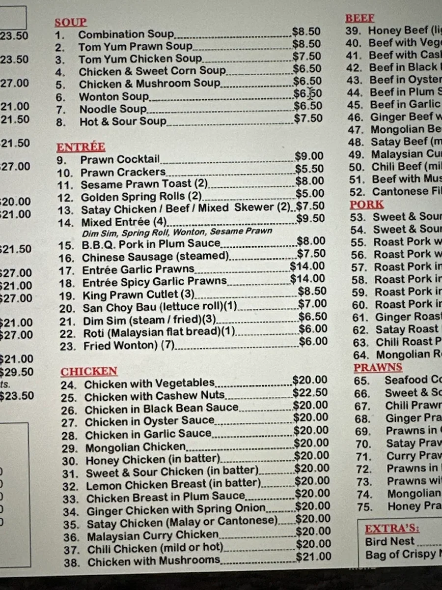 Menu, Great China Inn