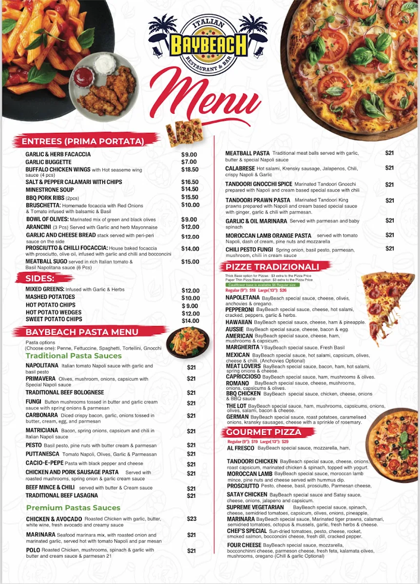 Menu, Baybeach Italian Restaurant & Bar Lounge