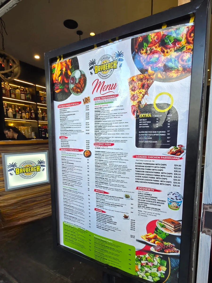 Menu, Baybeach Italian Restaurant & Bar Lounge