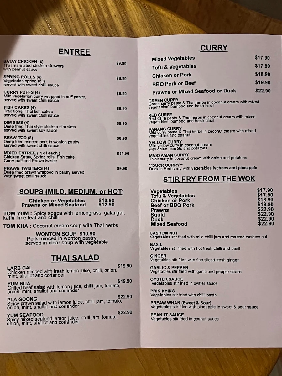 Menu, I Am Thai Burleigh