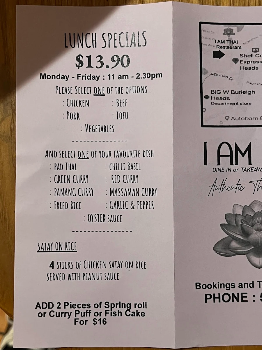 Menu, I Am Thai Burleigh