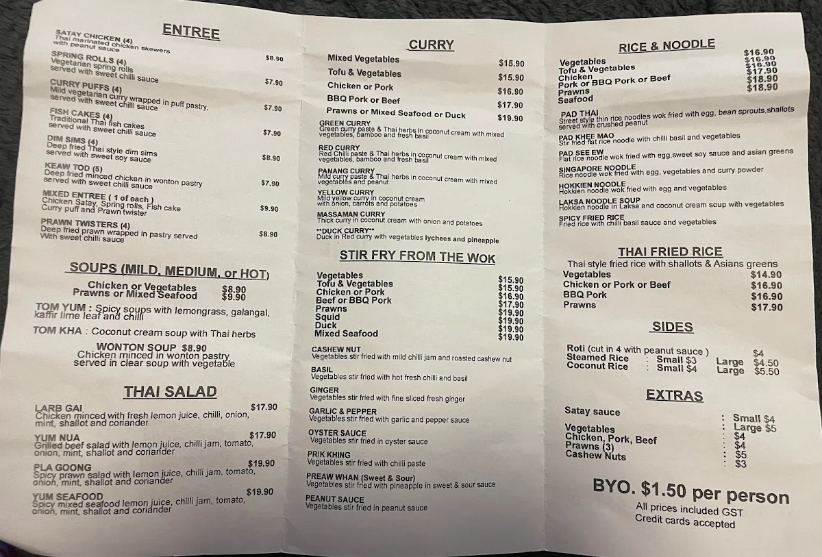 Menu, I Am Thai Burleigh