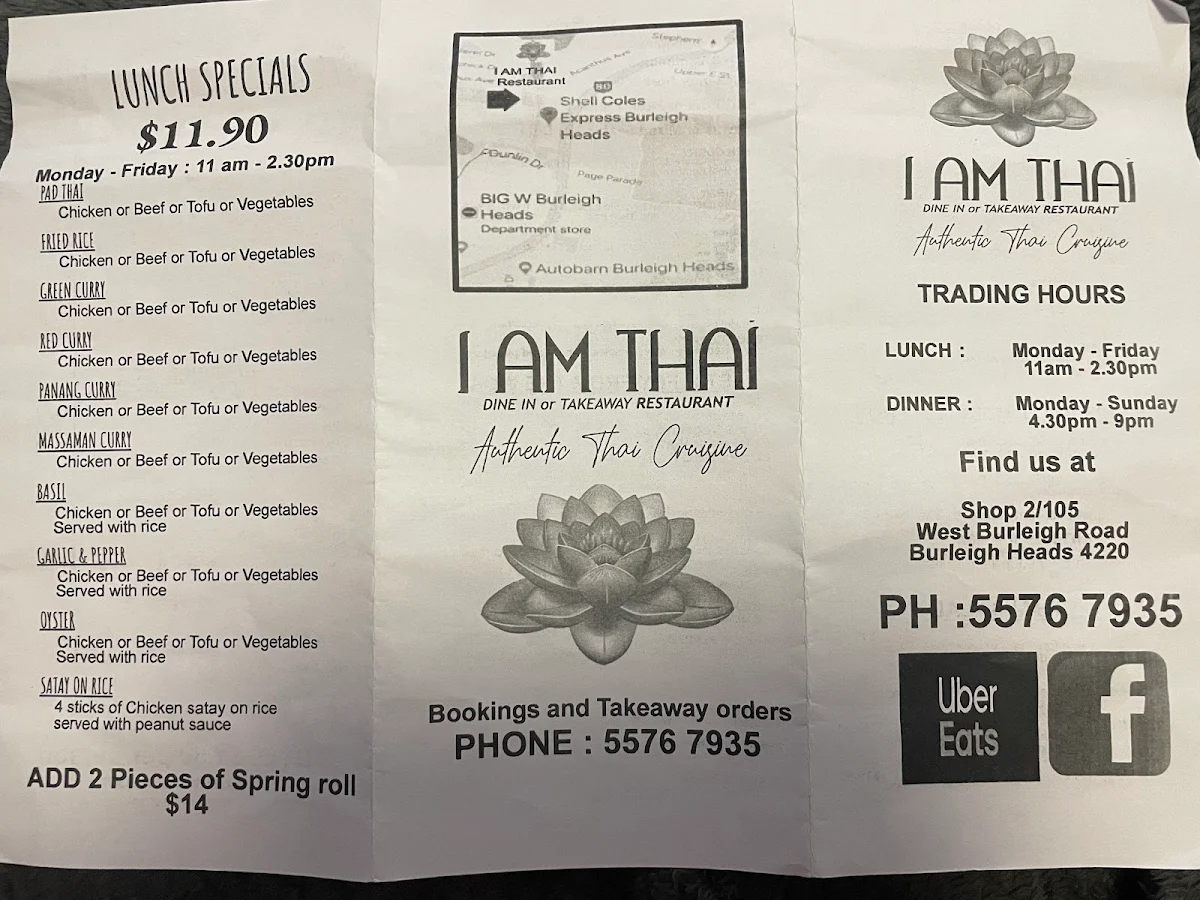 Menu, I Am Thai Burleigh