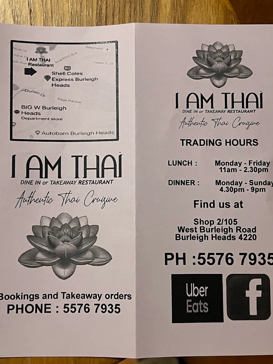 Menu, I Am Thai Burleigh