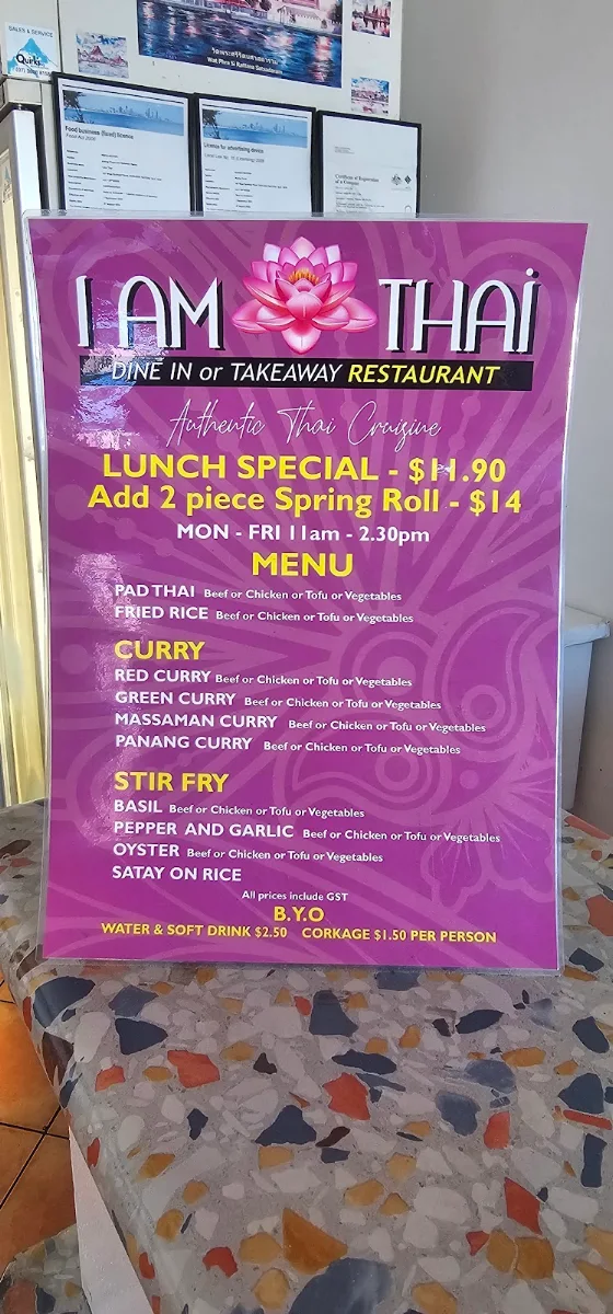 Menu, I Am Thai Burleigh