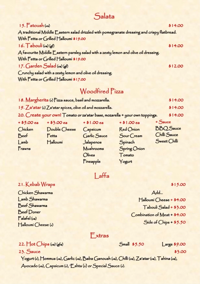 Menu, El Attar Middle Eastern Grill