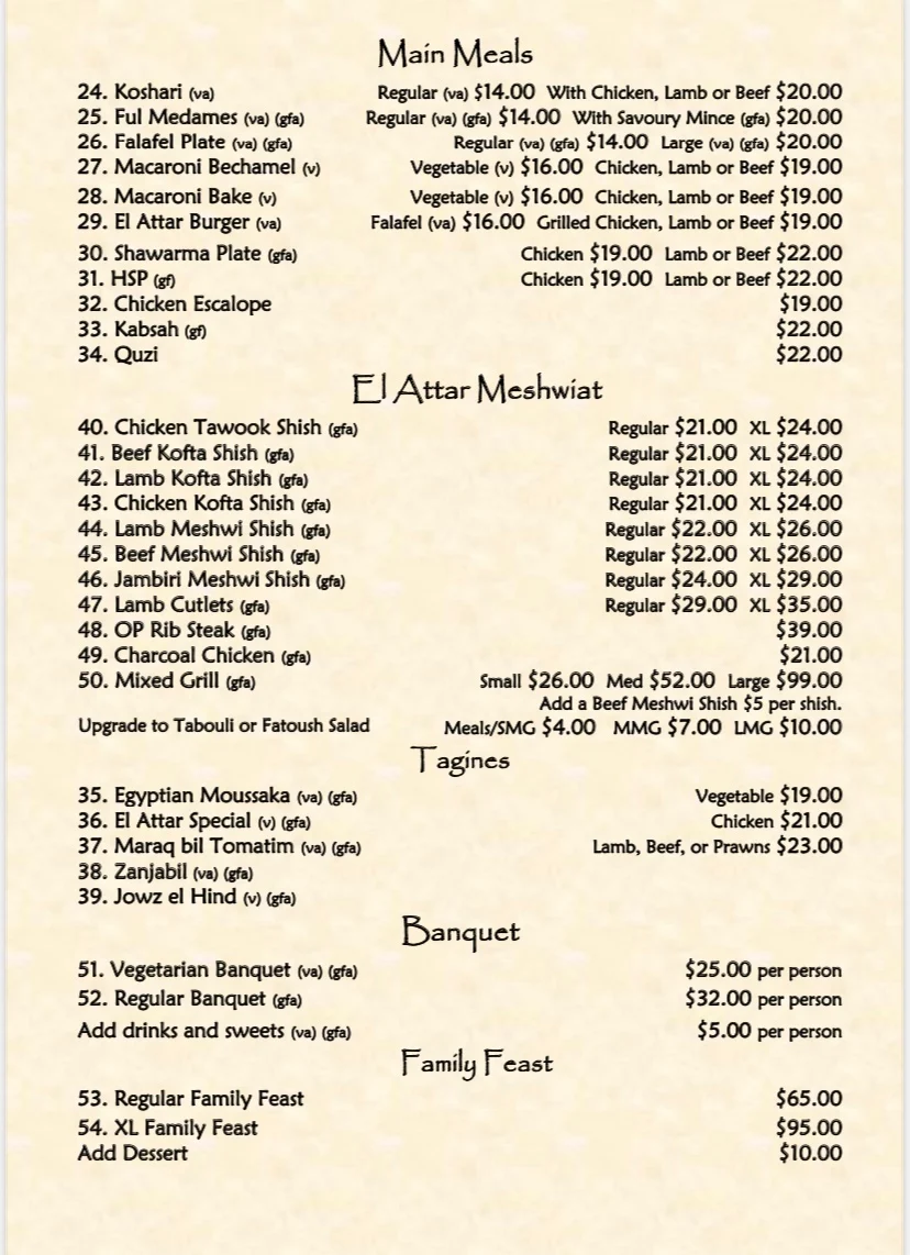 Menu, El Attar Middle Eastern Grill