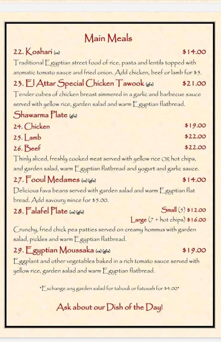 Menu, El Attar Middle Eastern Grill