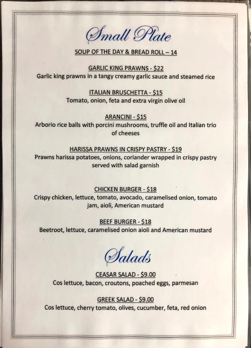 Menu, Checkers Resort Restaurant