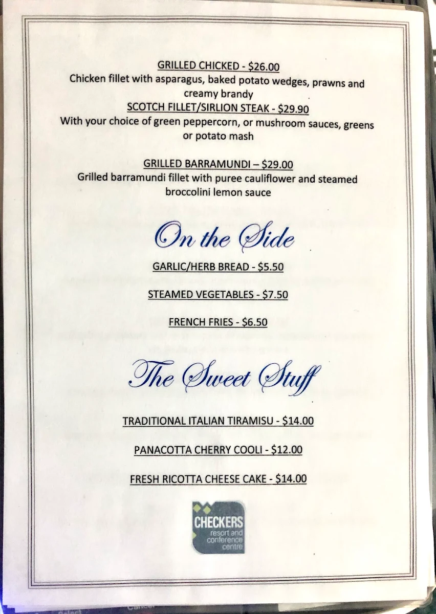 Menu, Checkers Resort Restaurant