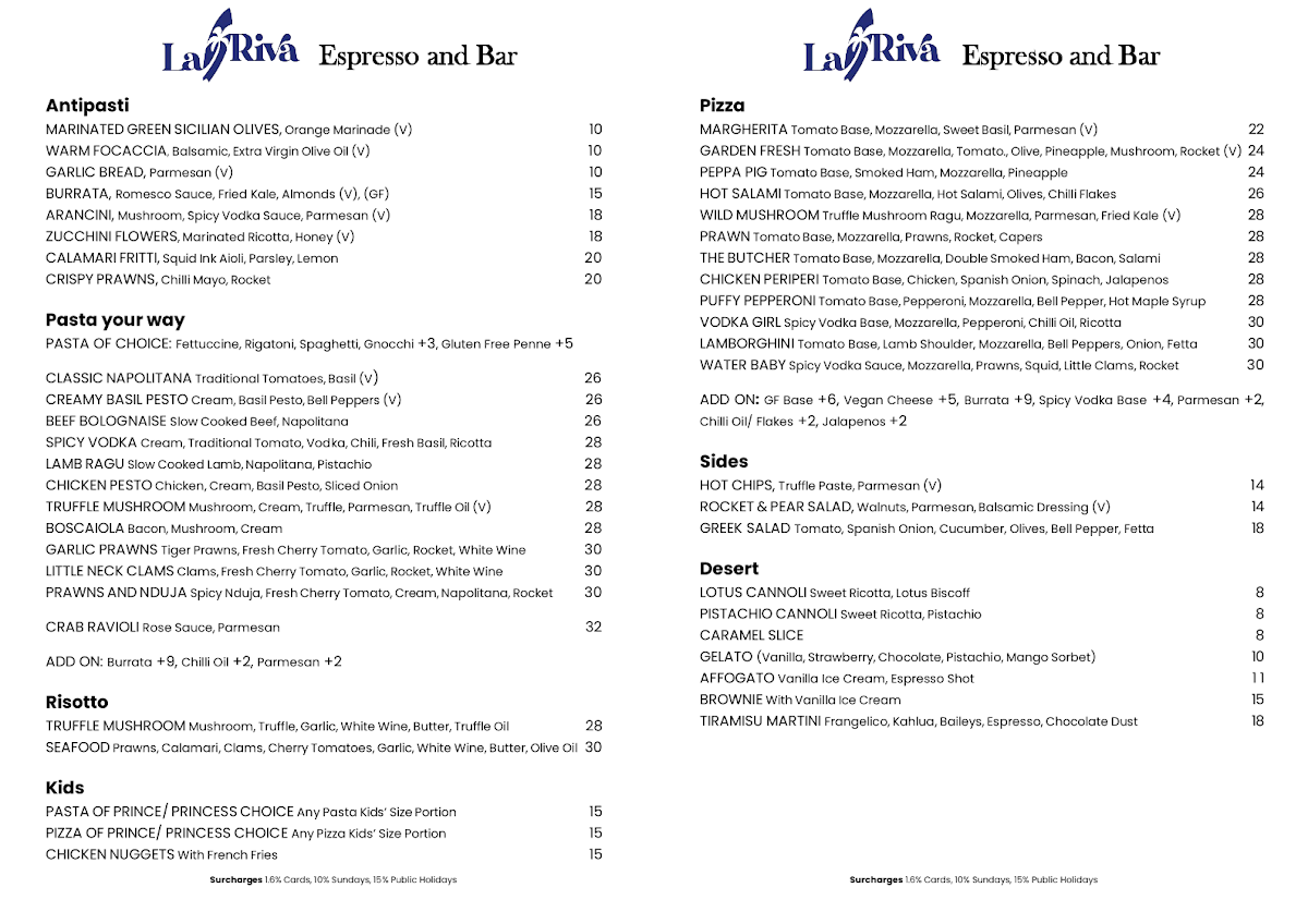 Menu, La Riva