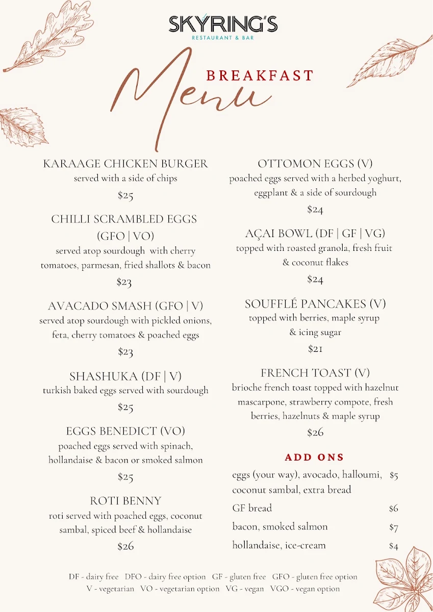 Menu, Skyring's Restaurant and Bar