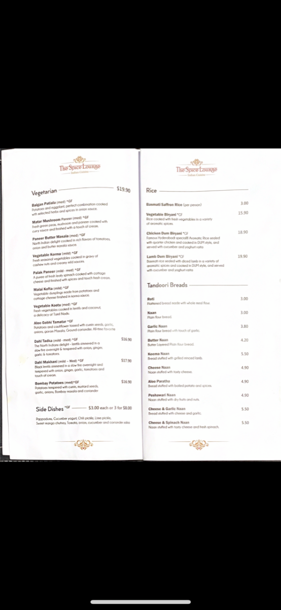 Menu, The Spice Lounge Indian Cuisine