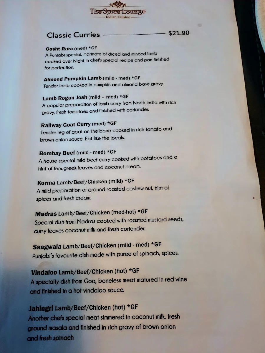 Menu, The Spice Lounge Indian Cuisine