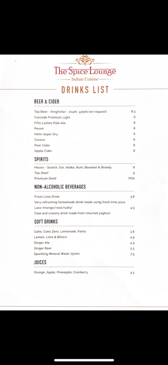 Menu, The Spice Lounge Indian Cuisine