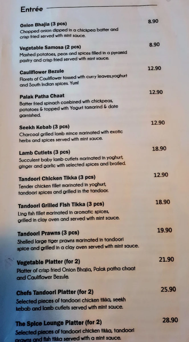 Menu, The Spice Lounge Indian Cuisine