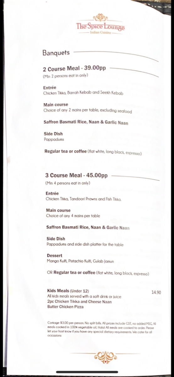 Menu, The Spice Lounge Indian Cuisine