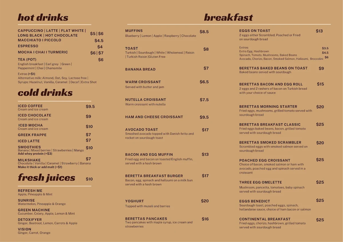 Menu, Beretta Cafe and Pizza Bar