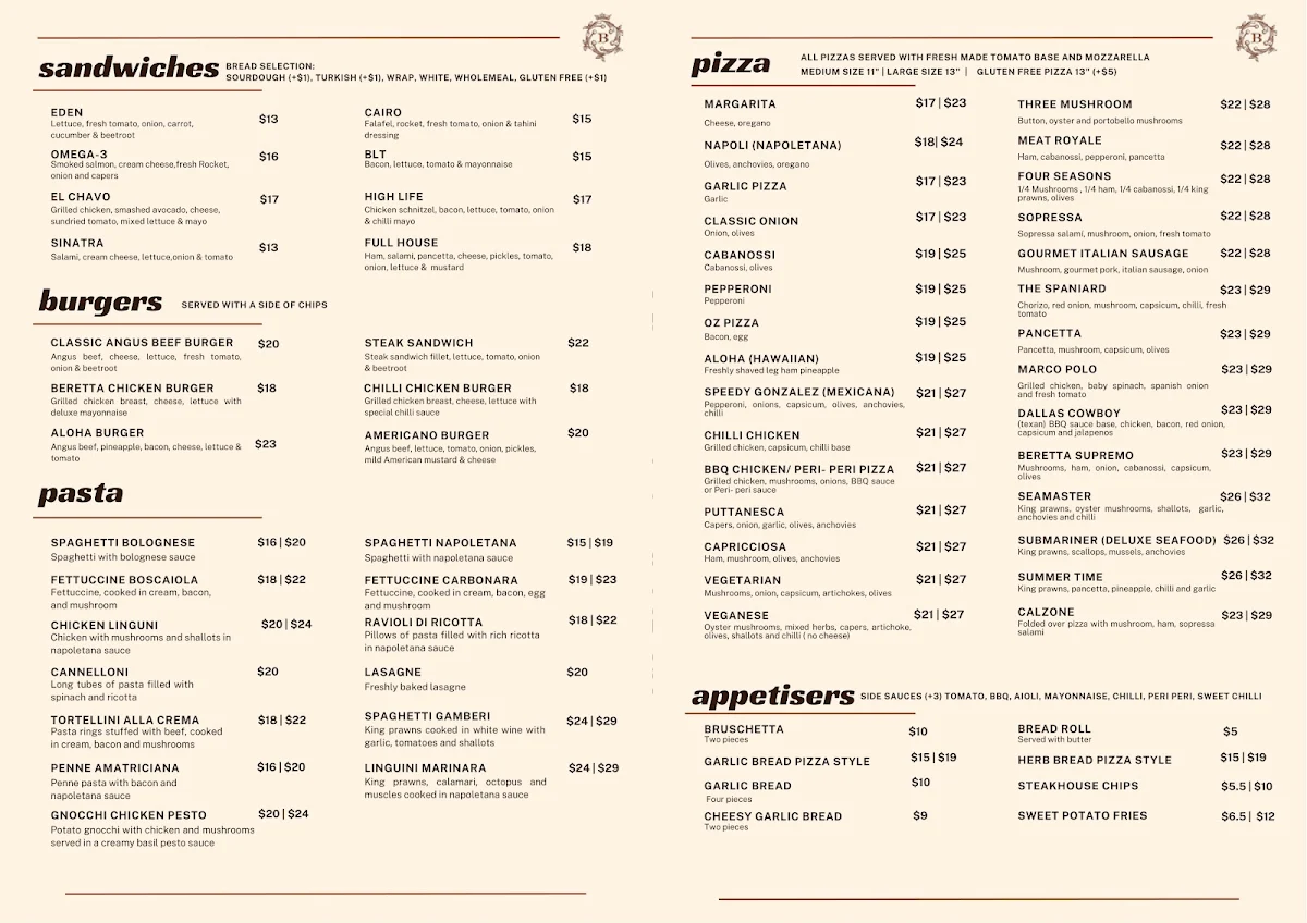 Menu, Beretta Cafe and Pizza Bar