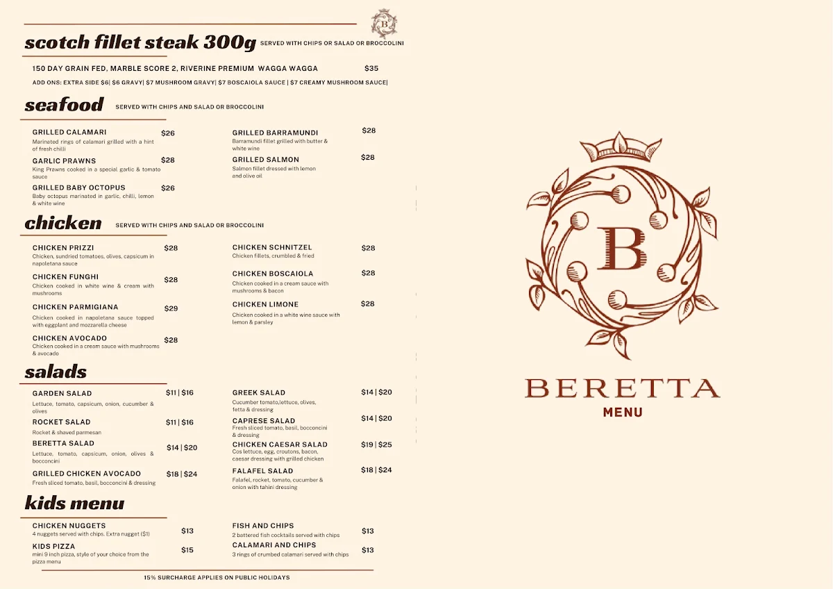 Menu, Beretta Cafe and Pizza Bar