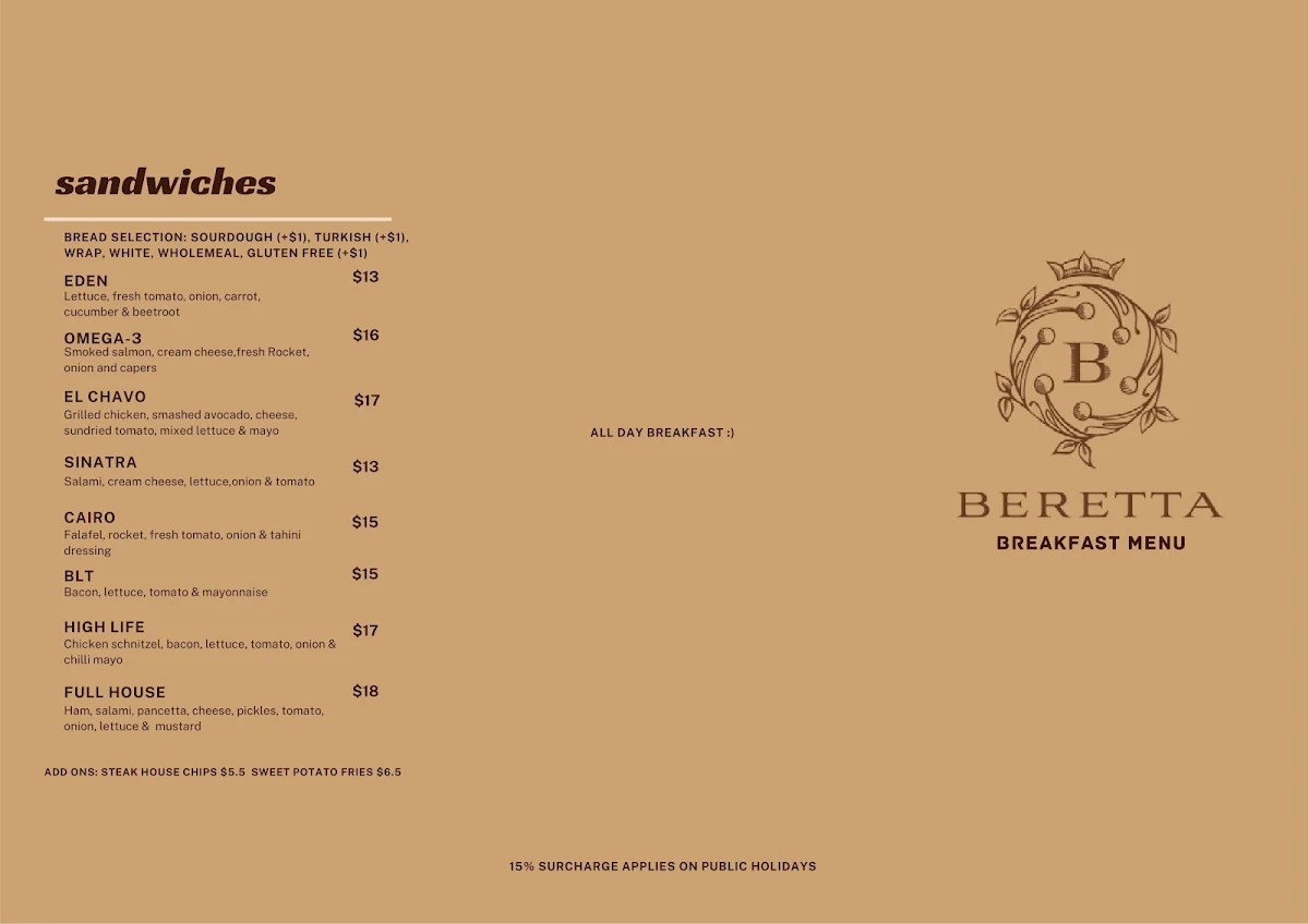 Menu, Beretta Cafe and Pizza Bar