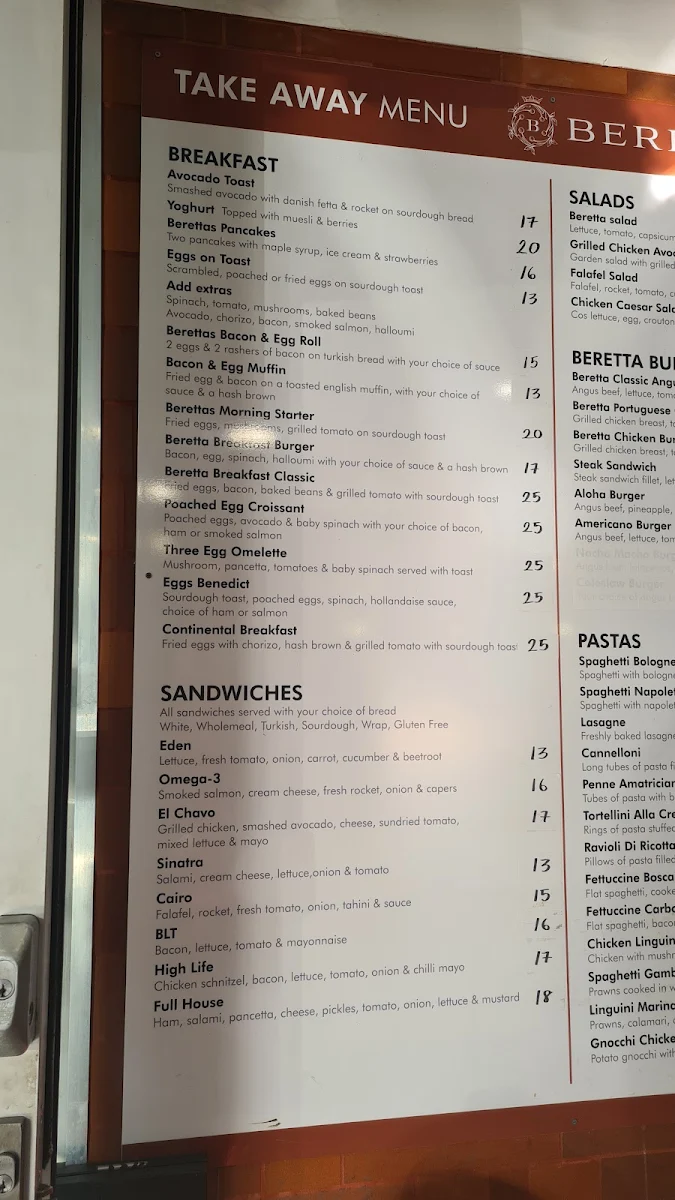 Menu, Beretta Cafe and Pizza Bar