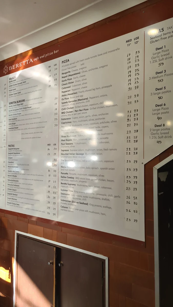 Menu, Beretta Cafe and Pizza Bar