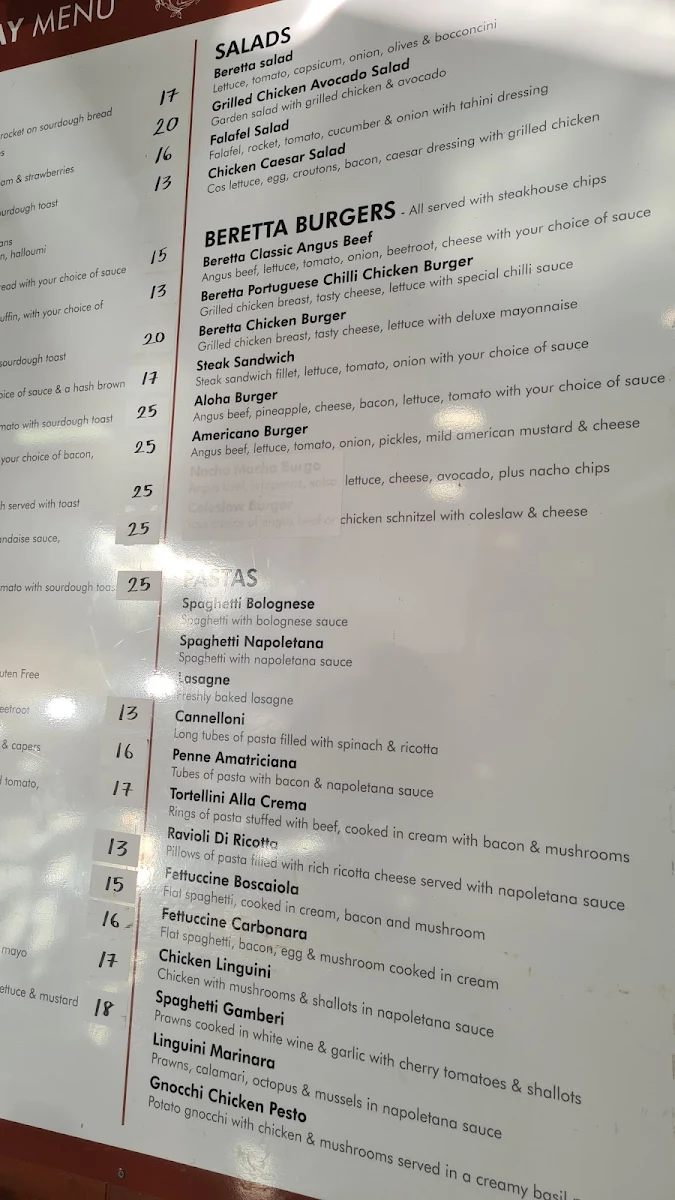 Menu, Beretta Cafe and Pizza Bar