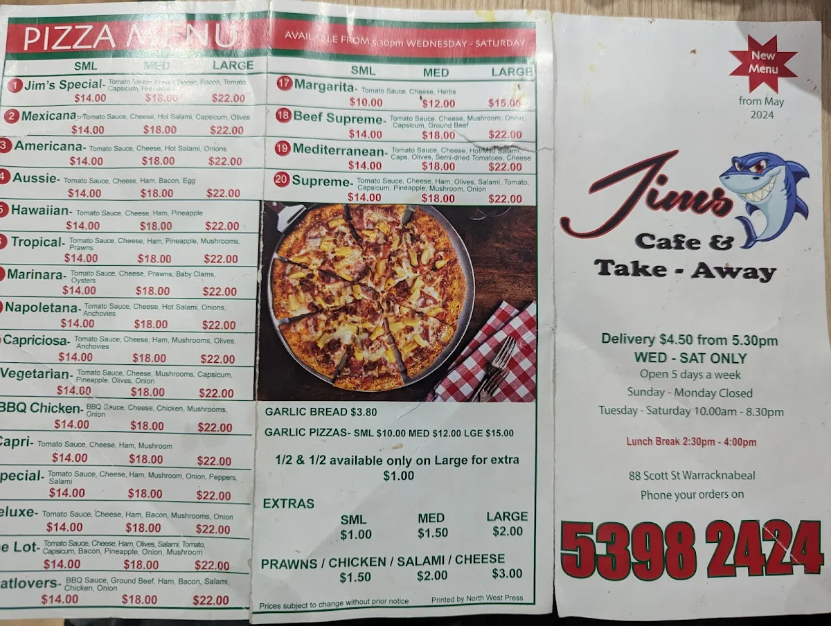 Menu, Jim's Cafe & Take Away