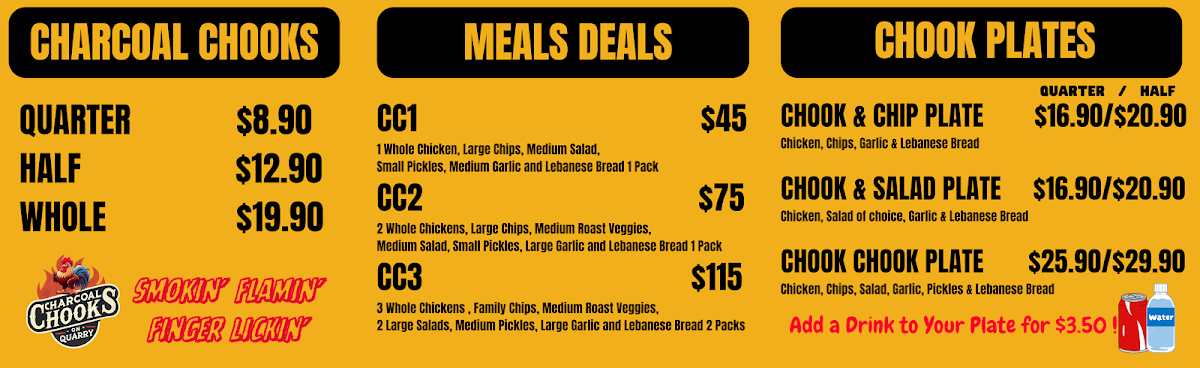 Menu, Charcoal Chooks on Quarry