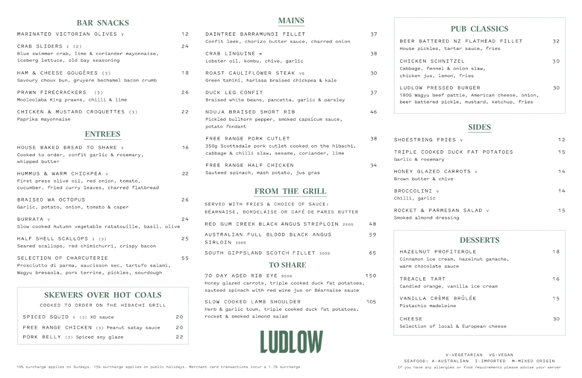 Menu, Ludlow Bar & Dining Room