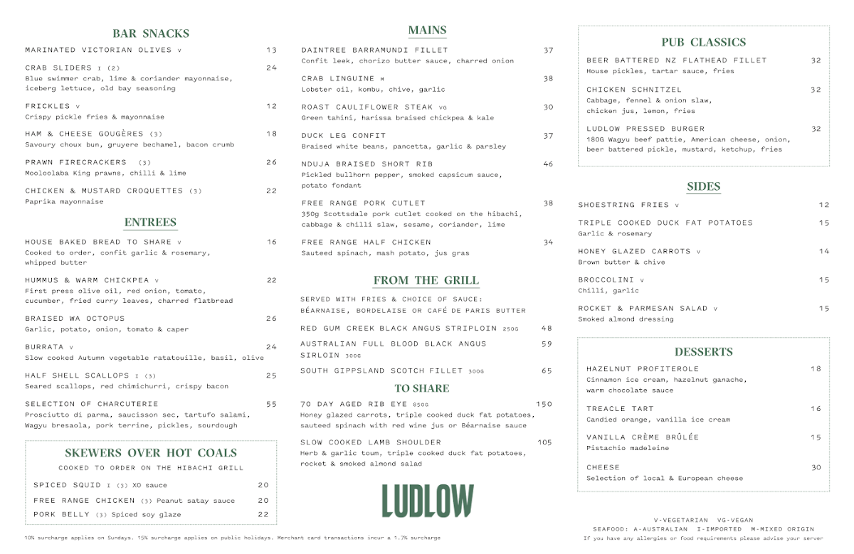 Menu, Ludlow Bar & Dining Room