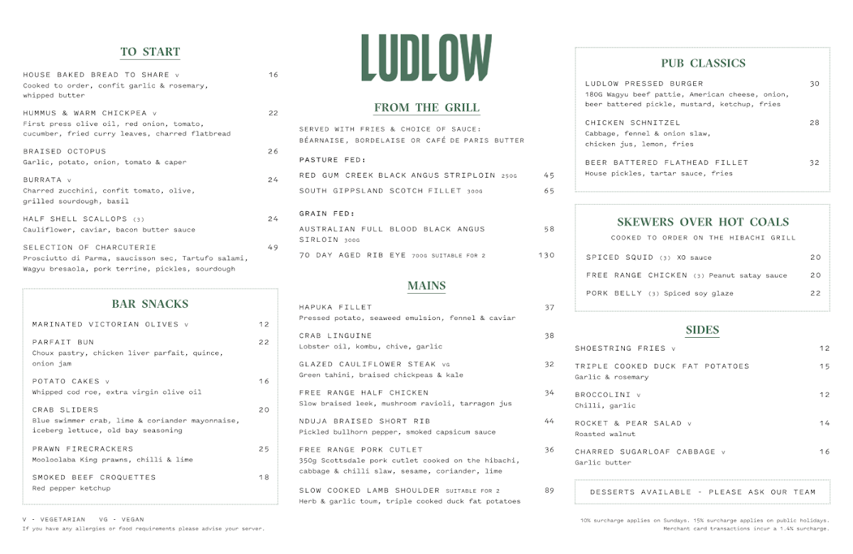 Menu, Ludlow Bar & Dining Room