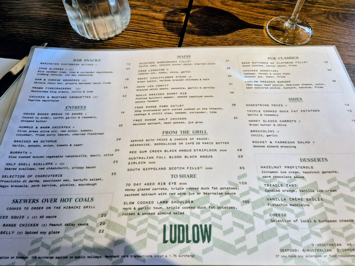 Menu, Ludlow Bar & Dining Room