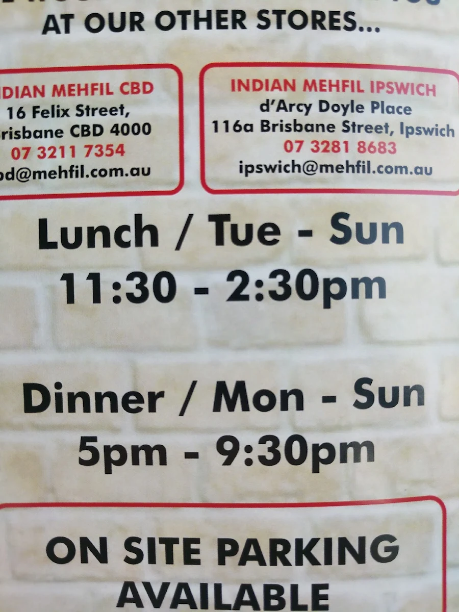 Menu, Indian Mehfil Taringa