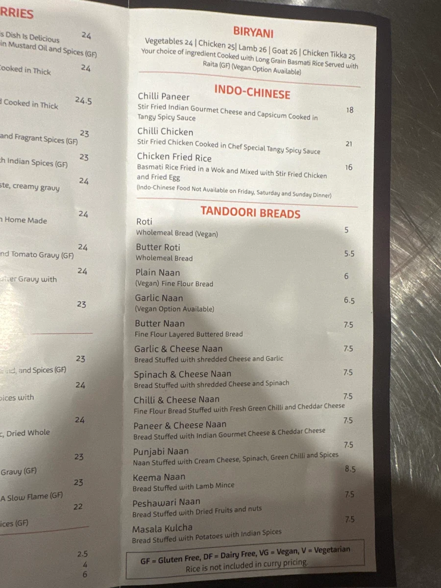 Menu, Indian Mehfil Taringa