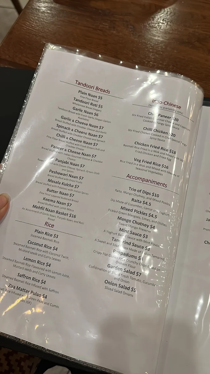 Menu, Indian Mehfil Taringa