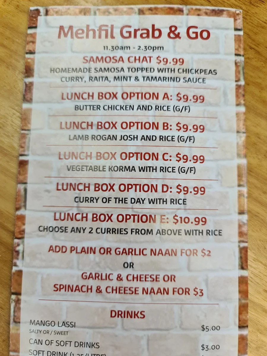 Menu, Indian Mehfil Taringa