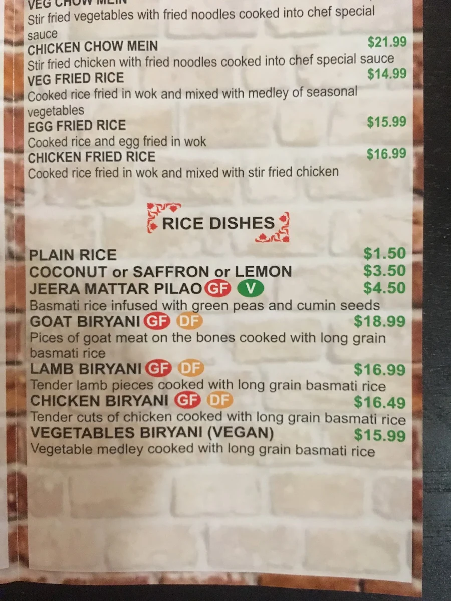 Menu, Indian Mehfil Taringa