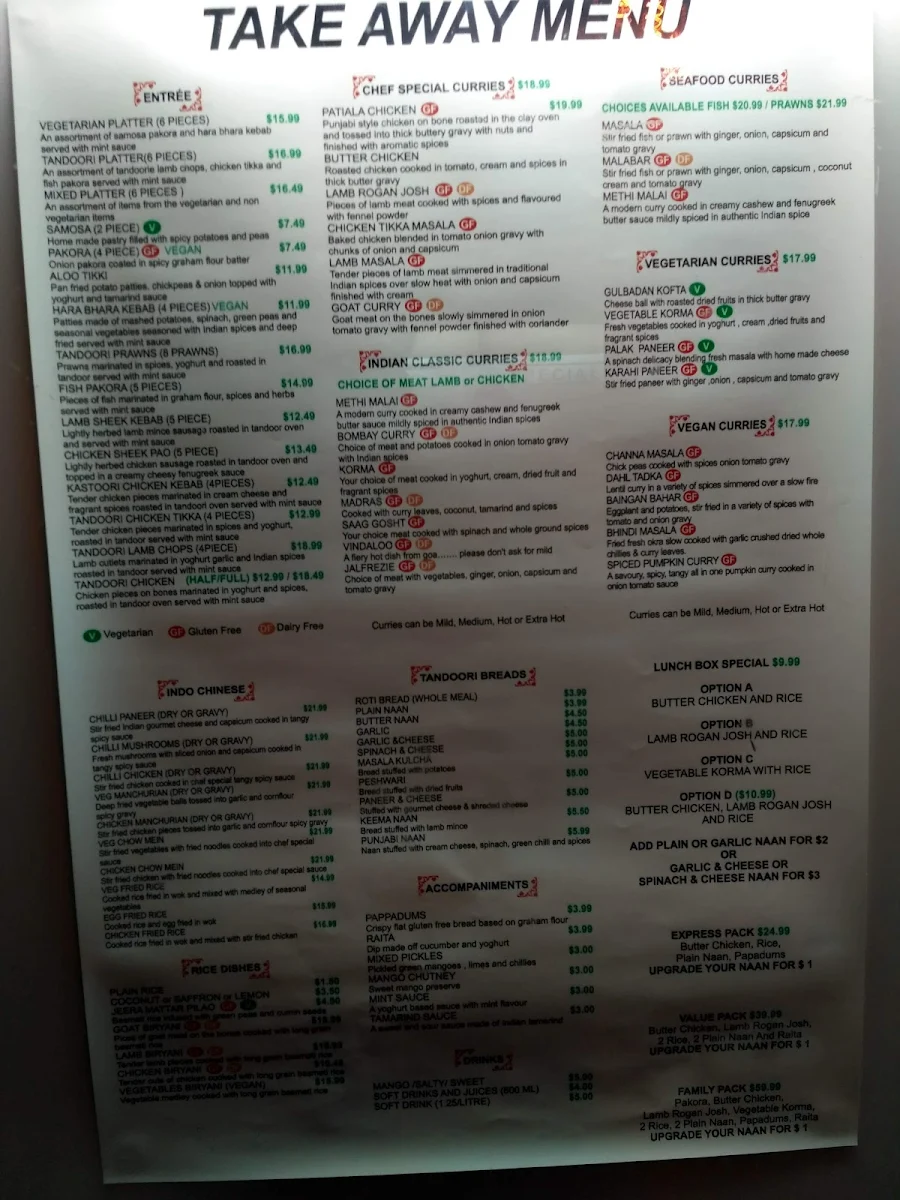 Menu, Indian Mehfil Taringa