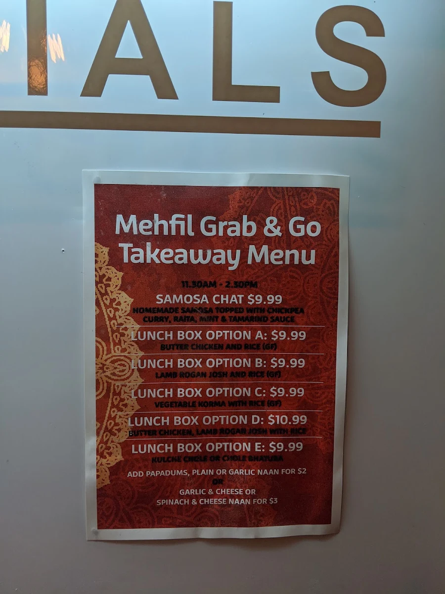 Menu, Indian Mehfil Taringa