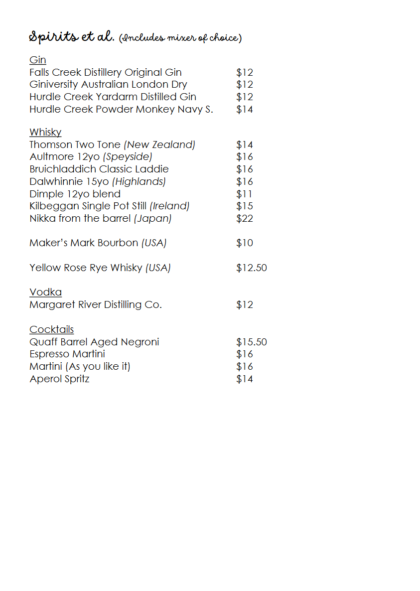Menu, Quaff Wine Bar