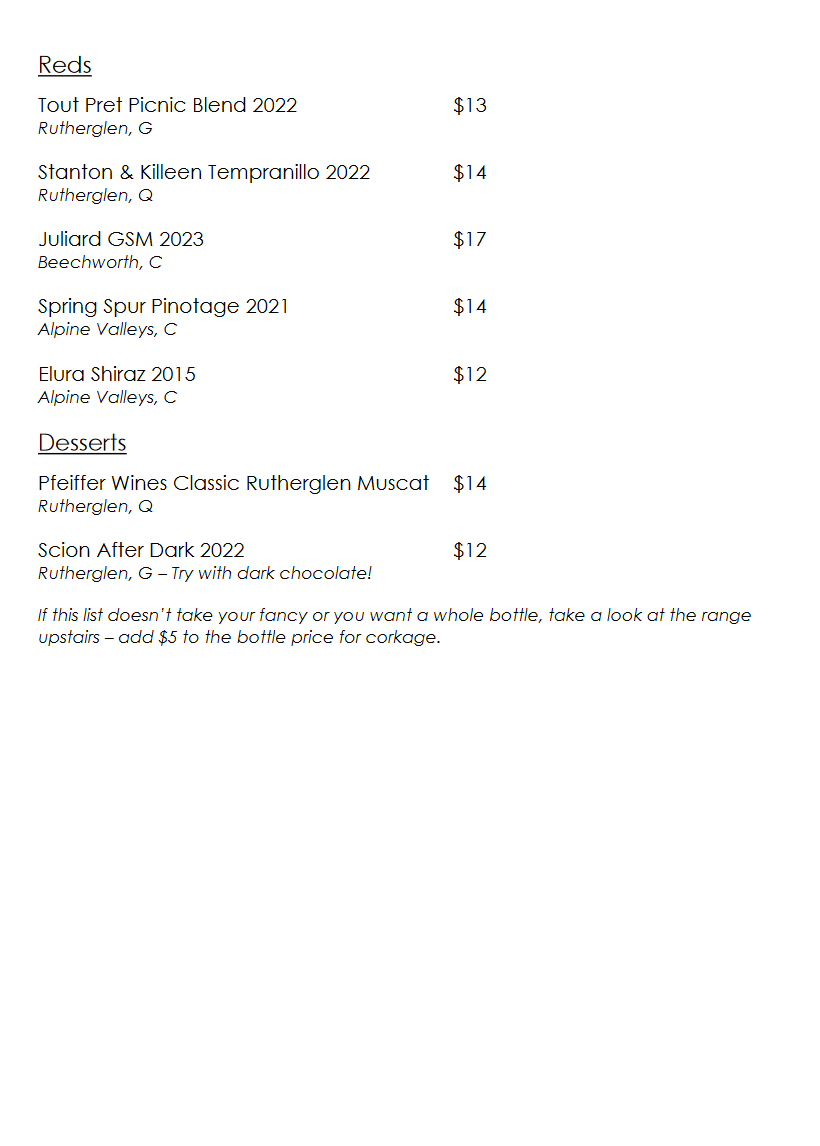 Menu, Quaff Wine Bar