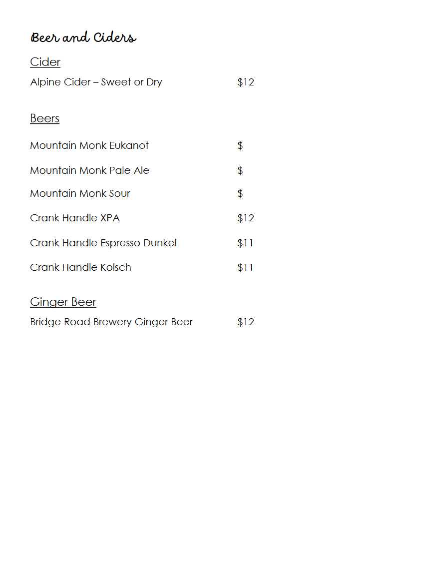 Menu, Quaff Wine Bar