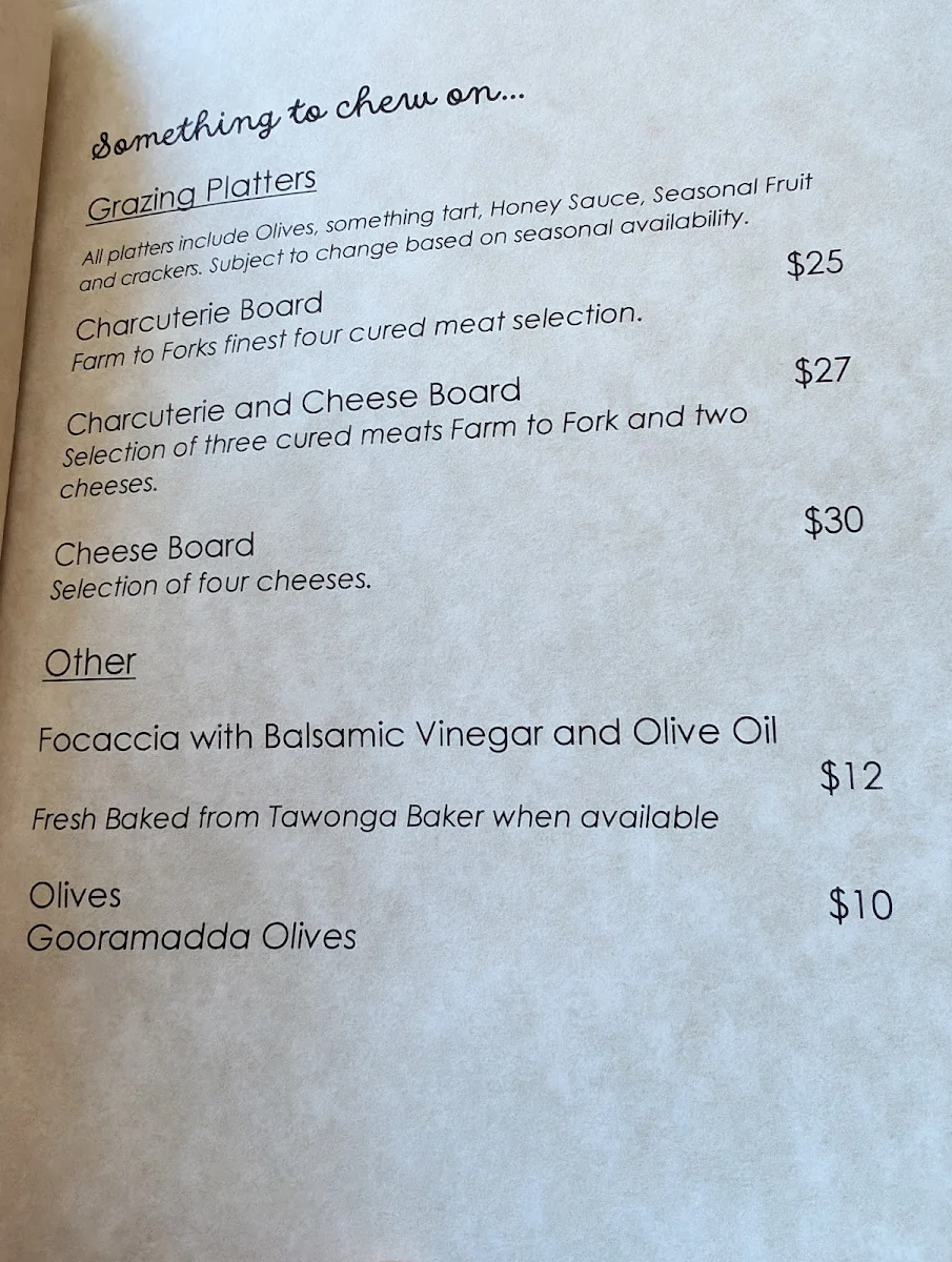 Menu, Quaff Wine Bar