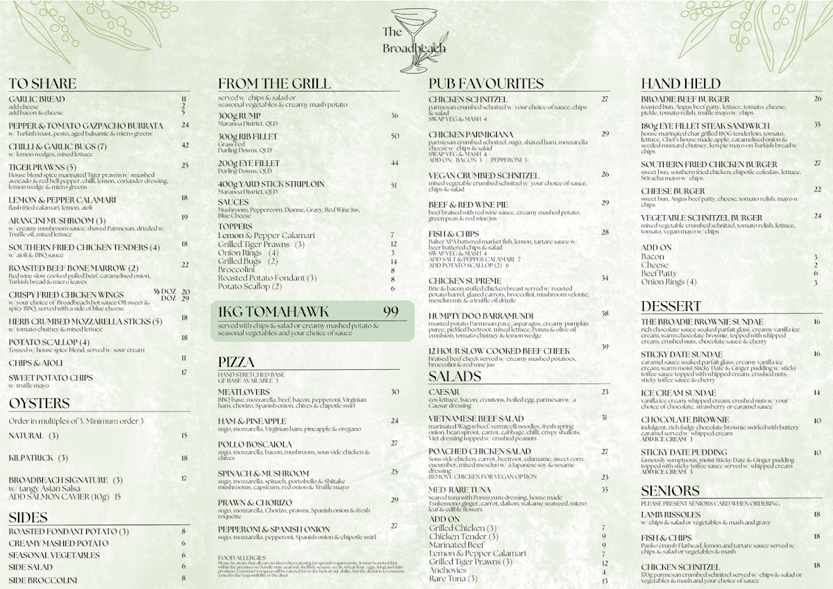 Menu, Broadbeach Tavern